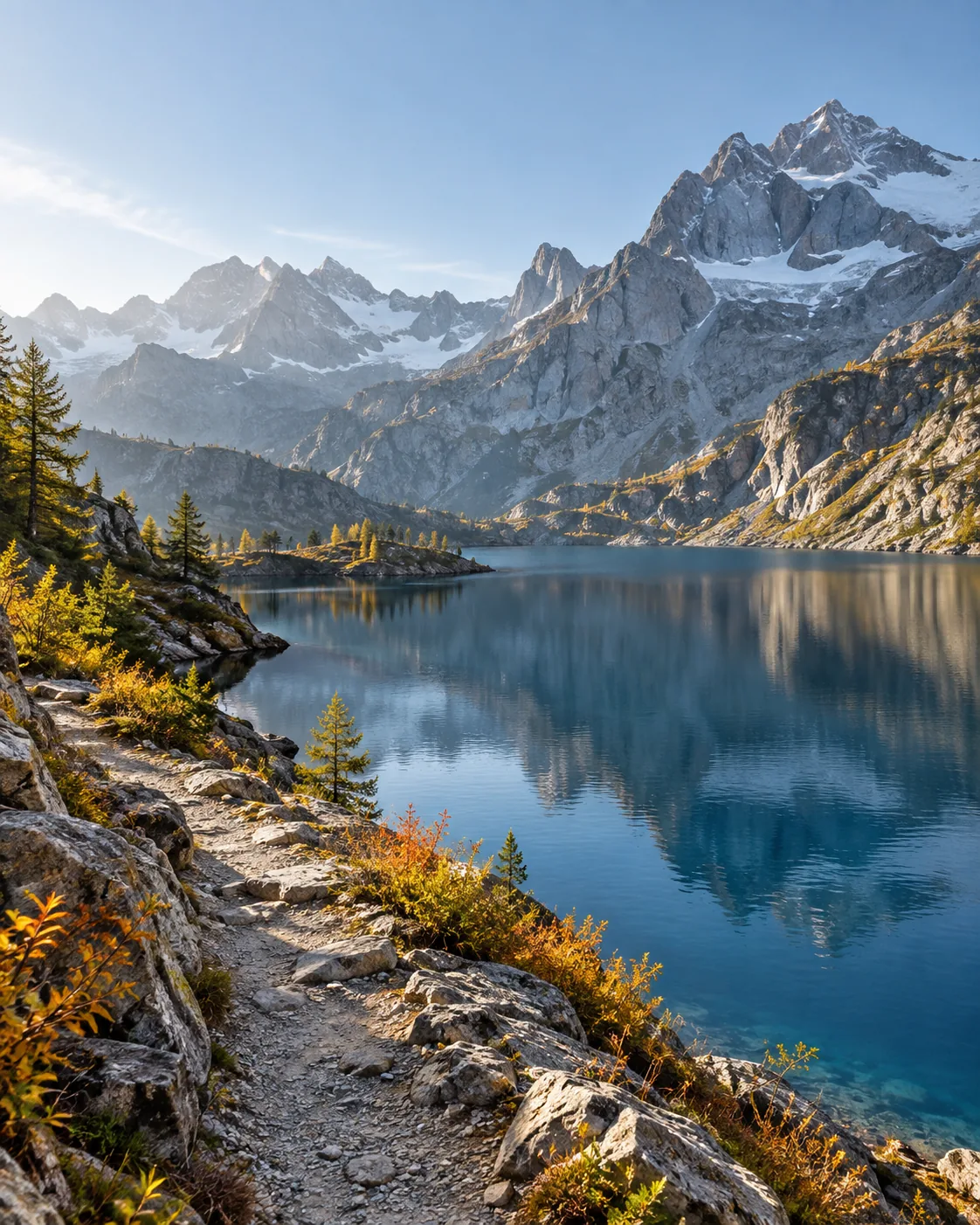 Ejemplo ilustrativo: un lago entre montañas y un sendero junto al agua.