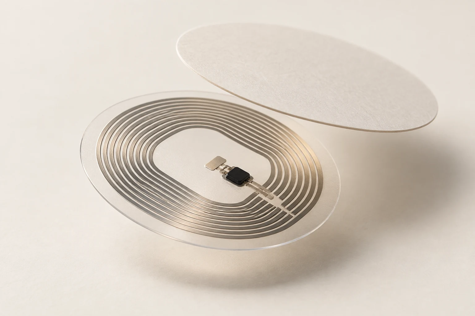 Render conceptual de un tag NFC: cubierta circular suspendida sobre su antena y chip.